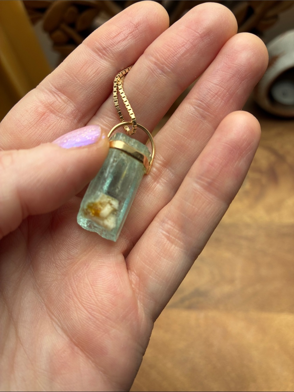 14k gold raw aquamarine pendant - Picture 2 of 5
